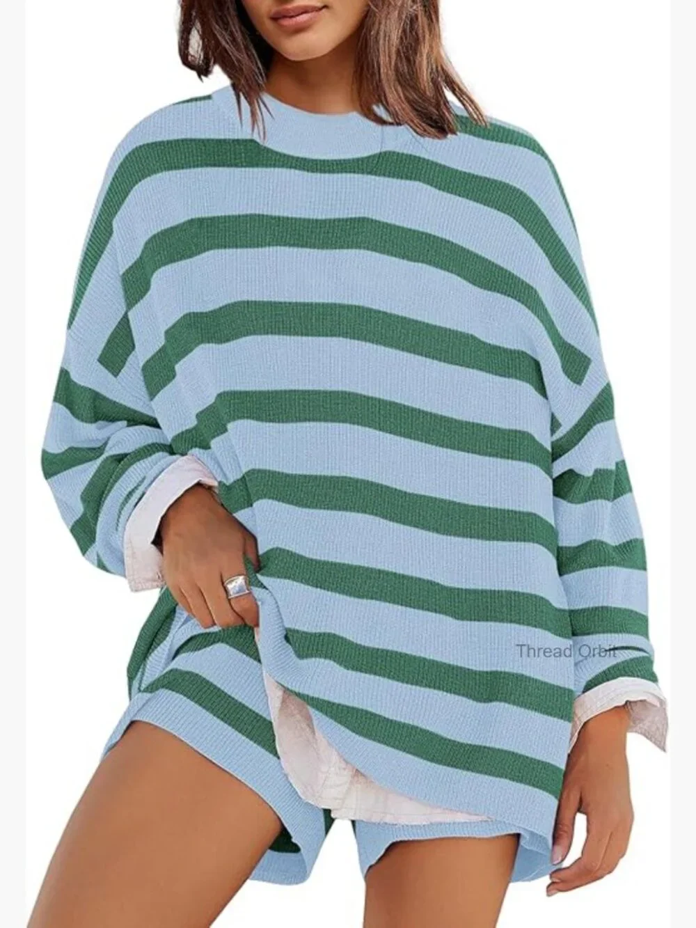 Striped Sweater Set Matching Pajamas Long Sleeve Top and Shorts Lounge Set